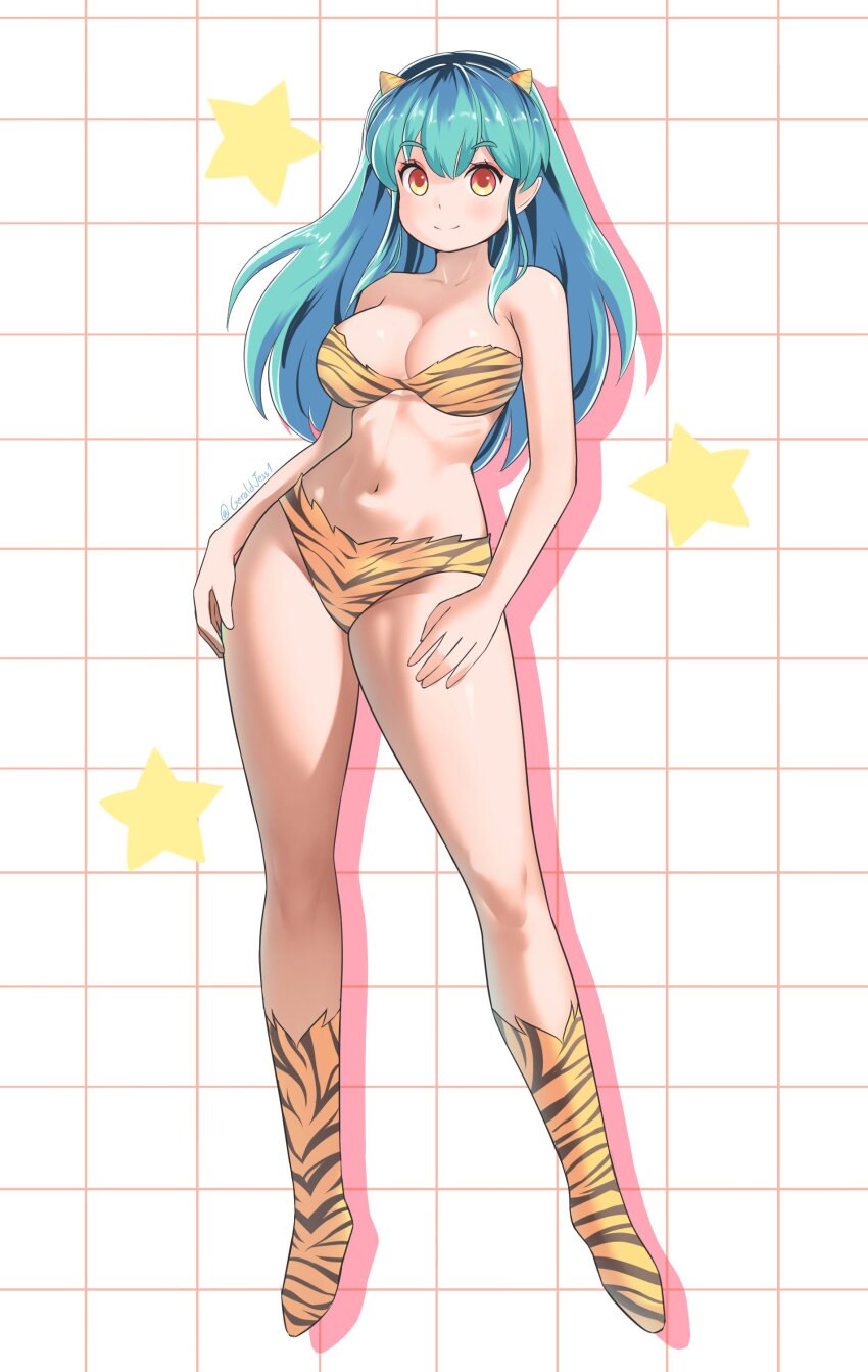 1girl absurdres animal_print bikini breasts cleavage full_body geraldjess1 green_hair highres horns looking_at_viewer lum medium_breasts navel oni smile solo swimsuit tiger_print urusei_yatsura yellow_eyes