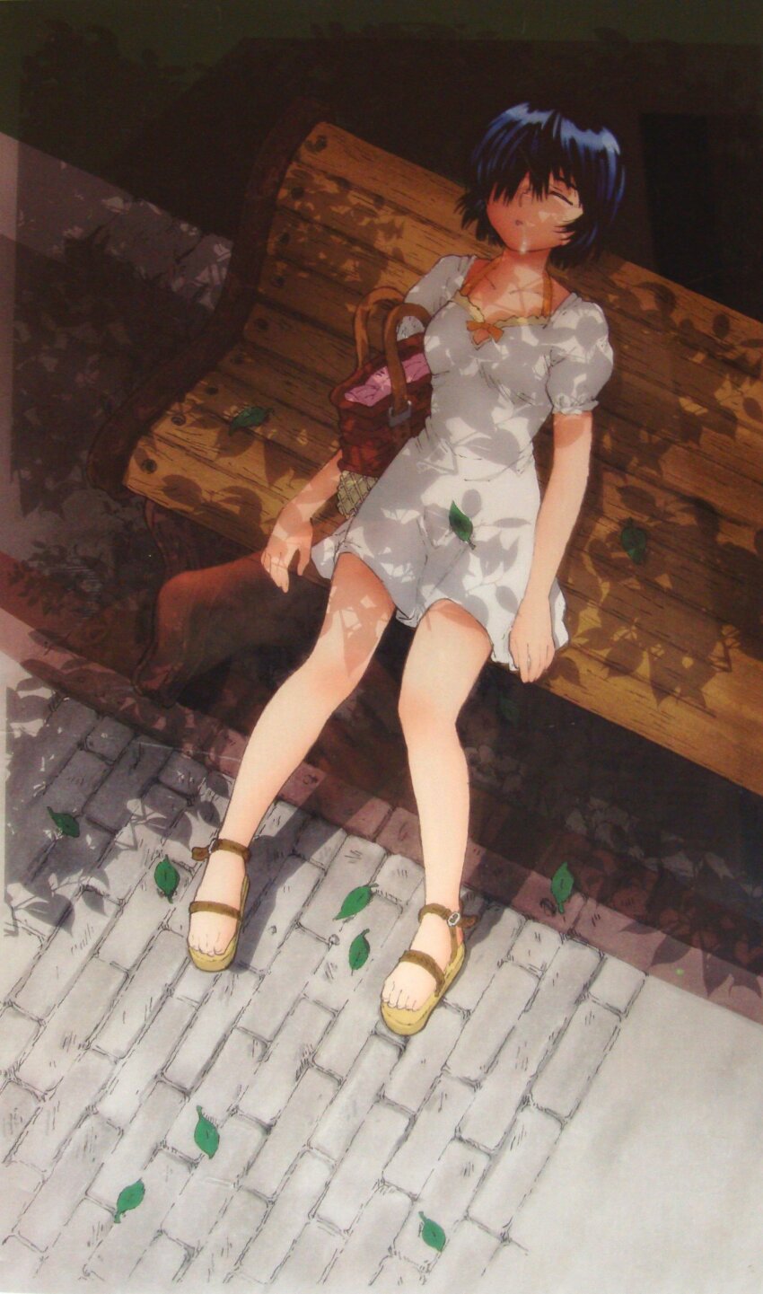 1girl absurdres bag black_hair closed_eyes day dress from_above full_body hair_over_one_eye highres leaf nazo_no_kanojo_x on_bench outdoors puffy_sleeves sandals sitting solo tsubaki_mikoto urabe_mikoto white_dress