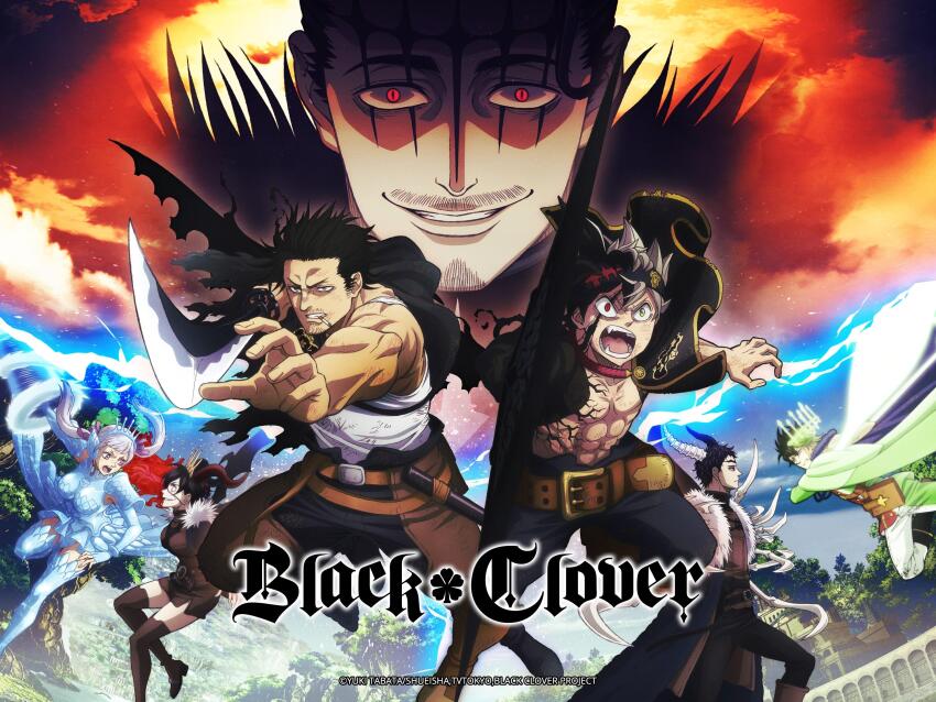 2girls 5boys abs armor artist_request asta_(black_clover) battle black_bulls_(emblem) black_capelet black_clover black_hair black_headband blue_armor book capelet cloud cloudy_sky copyright_name copyright_notice crotchless crotchless_pants dante_zogratis demon_horns demon_wings duel evil_smile facial_hair fairy_wings foreshortening from_side goatee_stubble green_eyes grey_hair grimoire headband highres holding holding_sword holding_weapon horns hydrokinesis katana leather_belt liquid_clothes looking_at_viewer mature_male midair multiple_boys multiple_girls muscular muscular_male mustache_stubble noelle_silva official_art pants projected_inset promotional_art red_eyes serious short_hair single_wing sky smile spiked_hair stubble sword tank_top toned toned_male torn_capelet torn_clothes twintails valkyrie vanica_zogratis water weapon white_tank_top wings yami_sukehiro yuno_(black_clover) zenon_zogratis