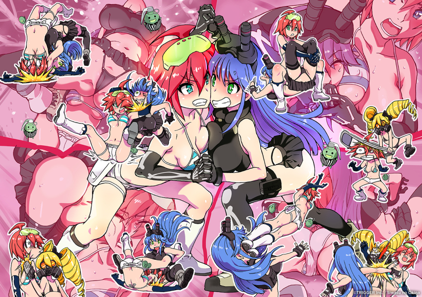 ass bikini blonde_hair blue_hair boots breasts drill_hair frag_(trigger) goggles interlocked_fingers luluco medium_breasts miniskirt muzzle_(trigger) red_hair shiwasu_no_okina skirt spring_(trigger) swimsuit thighhighs trigger-chan trigger_(company) uchuu_patrol_luluco wrestling