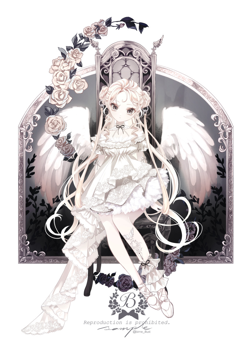 1girl absurdres angel_wings asymmetrical_dress ballet_slippers bare_shoulders black_ribbon chair collar commentary_request dress feather-trimmed_dress feathered_wings flower frilled_collar frills grey_eyes highres leg_tattoo long_hair looking_at_viewer mii_(ff96zgrckhox) original ribbon rose sitting solo tattoo twitter_username white_dress white_flower white_hair white_rose wings