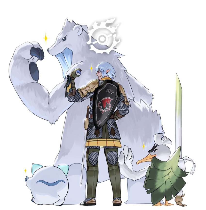 1boy 2020 beak beartic blue_hair crossover elezen elf final_fantasy final_fantasy_xiv galarian_darumaka galarian_form gen_5_pokemon gen_8_pokemon haurchefant_greystone highres holding holding_poke_ball holding_sword holding_weapon light_blue_hair matching_pose nintendo pointy_ears poke_ball pokemon pokemon_(creature) potion_lilac shield sirfetch&#039;d size_difference smile sparkle sword weapon