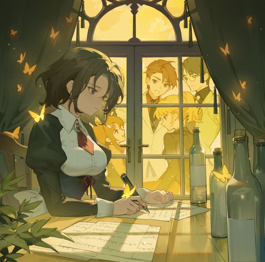 2boys 3girls black_nails blonde_hair bottle breasts brown_hair bug butterfly dark_red_hair grey_eyes highres holding holding_pen indoors insect juliet_sleeves lilith-lily long_hair long_sleeves maid medium_breasts multiple_boys multiple_girls necktie paper pen puffy_sleeves red_necktie shannon_(umineko) short_hair smile umineko_no_naku_koro_ni ushiromiya_battler ushiromiya_george ushiromiya_jessica ushiromiya_maria writing yellow_butterfly