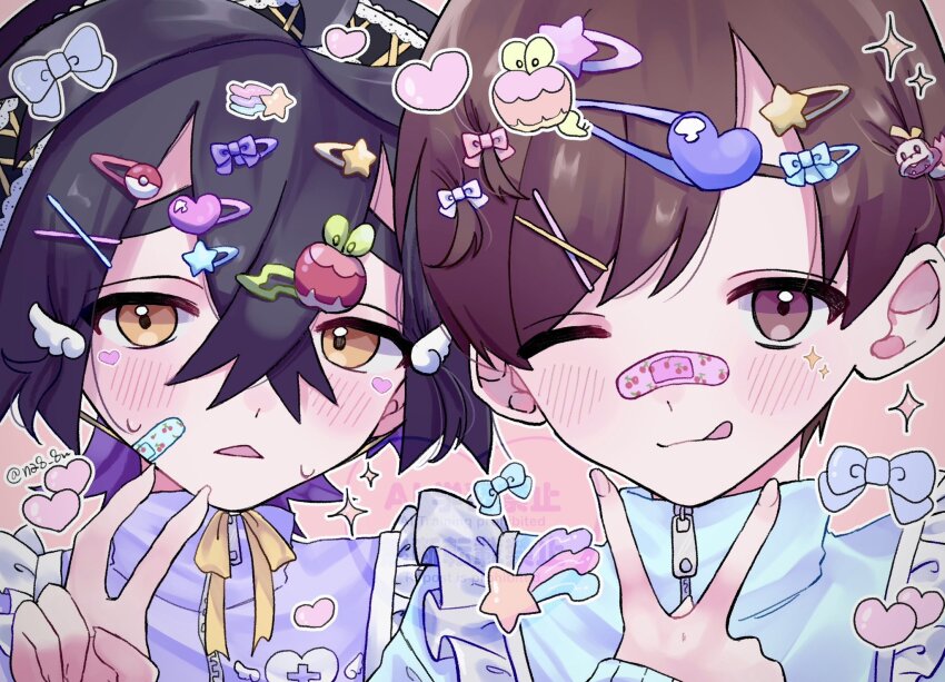 2boys ;q alternate_costume bandaid bandaid_on_face bandaid_on_nose black_hair blue_jacket brown_eyes brown_hair character_hair_ornament colored_inner_hair commentary_request crossed_bangs florian_(pokemon) hair_between_eyes hair_ornament hairclip hand_up highres jacket jersey_maid kieran_(pokemon) looking_at_viewer maid male_focus multicolored_hair multiple_boys na8_8n nintendo one_eye_closed pokemon pokemon_sv short_hair sparkle tongue tongue_out unconventional_maid v watermark yellow_eyes zipper zipper_pull_tab