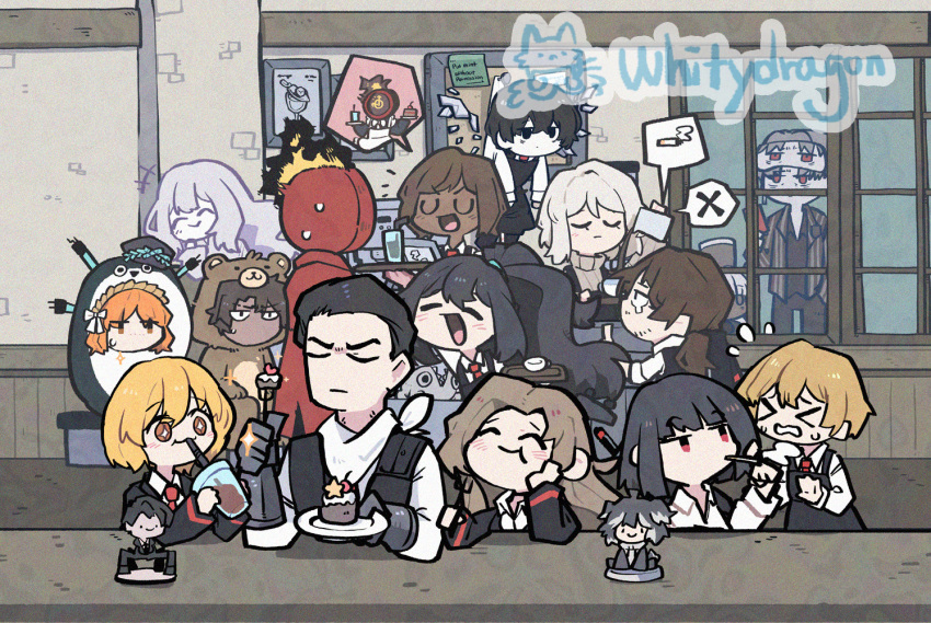 &gt;_&lt; +_+ 1other 6+boys 6+girls animal_costume apron bear_costume bib black_apron black_coat black_eyes black_hair black_pants black_shirt blind_obsession_(e.g.o) blue_hairband blunt_bangs blush bob_cut bongy_(project_moon) bow brown_hair cafe cake catherine_(project_moon) character_doll charon_(project_moon) cigarette closed_eyes coat coat_on_shoulders collared_shirt commentary crystal_wings cup dark-skinned_female dark-skinned_male dark_skin disposable_cup drinking_straw e.g.o_(project_moon) earrings eating english_commentary eye_mask faust_(project_moon) fire food fork gauntlets ghost glass_shards gregor_(project_moon) grey_eyes grey_hair grey_jacket hair_bow hairband headband hong_lu_(project_moon) jacket jang_schna jewelry library_of_ruina limbus_company long_hair low_ponytail maid meursault_(project_moon) multiple_boys multiple_girls nail_(hardware) necktie object_head ootachi orange_hair outis_(project_moon) pants plate ponytail project_moon red_eyes red_necktie rodion_(project_moon) roland_(project_moon) ryoshu_(project_moon) sacabambaspis shirt short_hair signature sinclair_(project_moon) single_earring speech_bubble star_(symbol) sticky_note sweatdrop sweater tall_hat tray turtleneck turtleneck_sweater vergilius_(project_moon) white_shirt whitydragon window yellow_eyes yi_sang_(project_moon)