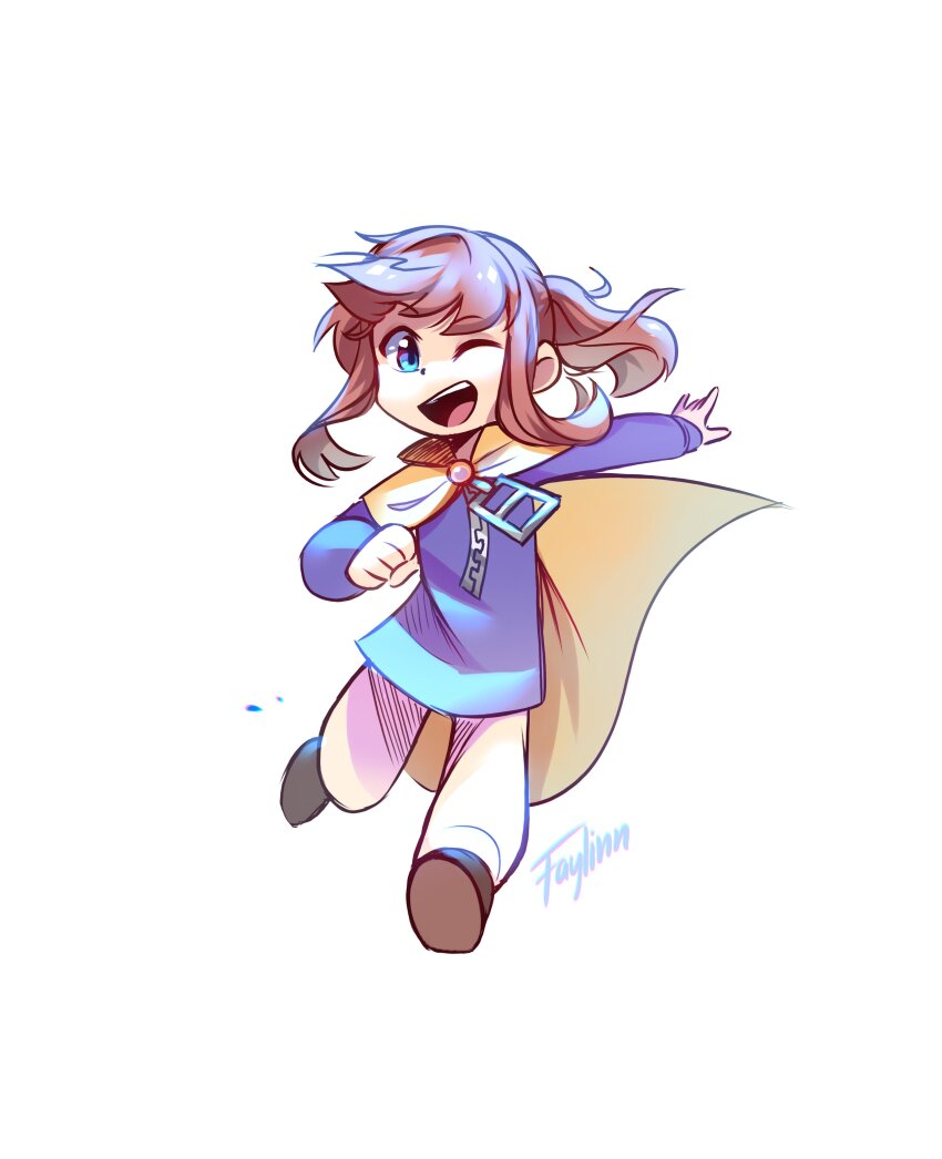 1girl ;d a_hat_in_time absurdres artist_name blue_eyes brown_hair brown_pants brown_shoes cape dot_nose hat_kid highres long_sleeves looking_at_viewer one_eye_closed open_mouth pants ponytail purple_shirt running shirt shoes short_hair sidelocks simple_background smile solo teeth upper_teeth_only white_background xxfaylinnxx yellow_cape zipper zipper_pull_tab