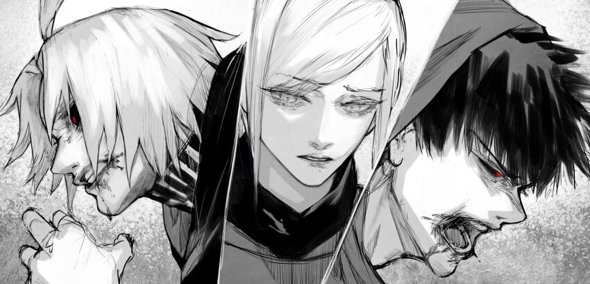 1girl 2boys ahoge amon_koutarou black_cloak black_hair black_nails black_sclera blonde_hair blood blood_on_mouth cloak colored_sclera heterochromia highres hood hooded_cloak injury lips long_sleeves looking_down mado_akira mismatched_sclera monochrome multiple_boys open_mouth parted_bangs parted_lips partially_shaded_face red_eyes sad shaded_face shadow short_hair stfr_(stfr_kaz) takizawa_seidou teeth tokyo_ghoul tokyo_ghoul:re white_hair
