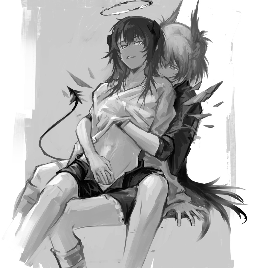 2girls absurdres arknights eudaemonm female_pubic_hair fiammetta_(arknights) greyscale groping hair_between_eyes halo hand_under_clothes head_wings highres horns monochrome mostima_(arknights) multiple_girls open_fly open_mouth pubic_hair shirt shorts sitting sitting_on_lap sitting_on_person tail wings yuri