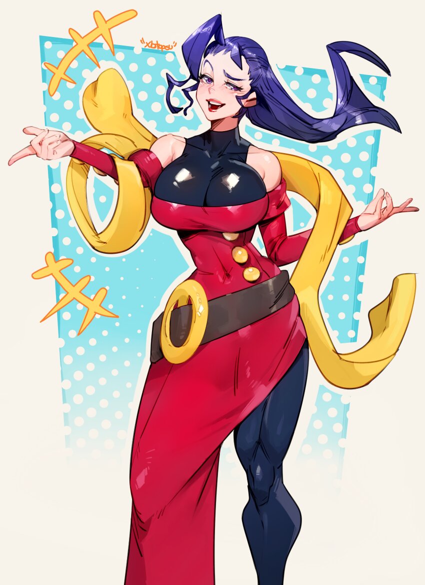 1girl absurdres belt black_pants black_shirt breasts brown_belt dress highres large_breasts long_hair open_mouth pants purple_eyes purple_hair red_dress rose_(street_fighter) scarf shirt sleeveless sleeveless_shirt strapless strapless_dress street_fighter topsu yellow_scarf