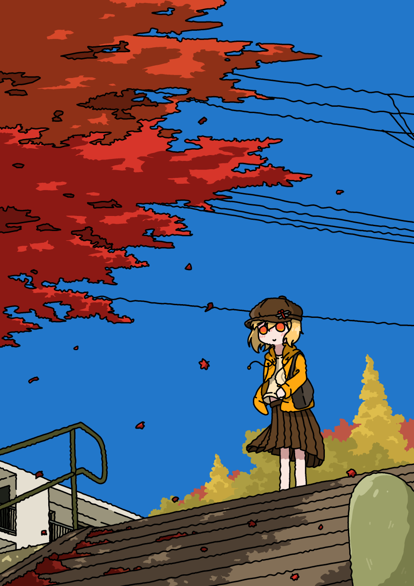 1girl absurdres autumn autumn_leaves bag blonde_hair blue_sky brown_hat brown_skirt building day emesan_desu hat highres jacket leaf orange_eyes original outdoors pleated_skirt power_lines scenery shoulder_bag skirt sky solo stairs standing tree yellow_jacket