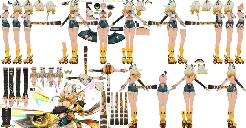 animal_ears black_shorts blonde_hair bracelet breasts cleavage earrings genshin_impact green_eyes jaguar_ears jaguar_tail jewelry reference_sheet ring roller_skates shorts skates tail vision_(genshin_impact) xilonen_(genshin_impact)