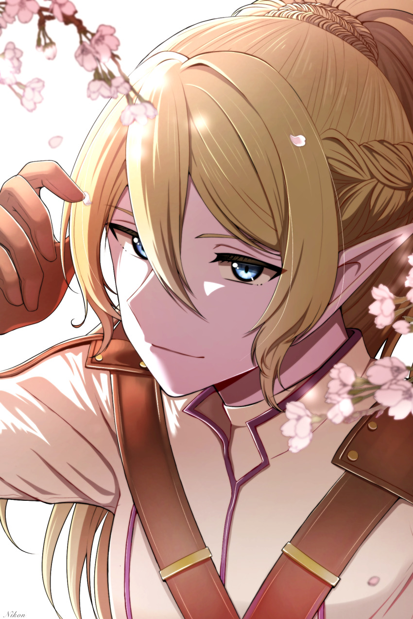 1boy androgynous blonde_hair blue_eyes blurry braid brown_gloves closed_mouth colored_skin commentary_request depth_of_field dragon_quest dragon_quest_x flower gloves hair_between_eyes hakuou_(dq10) half_up_braid highres light_smile looking_at_viewer looking_up male_focus nikon_(user_aznh7528) partial_commentary pink_skin pointy_ears ponytail side_braid solo upper_body white_background