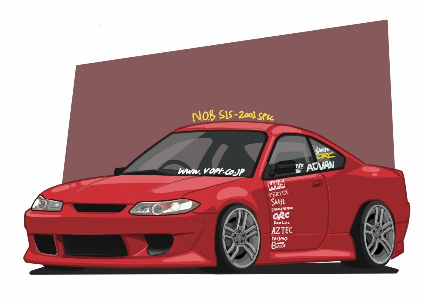 adamartz advan border brown_background car commentary english_commentary highres hks motor_vehicle nismo nissan nissan_silvia nissan_silvia_s15 no_humans original red_car shadow sponsor sports_car vehicle_focus watermark web_address white_border
