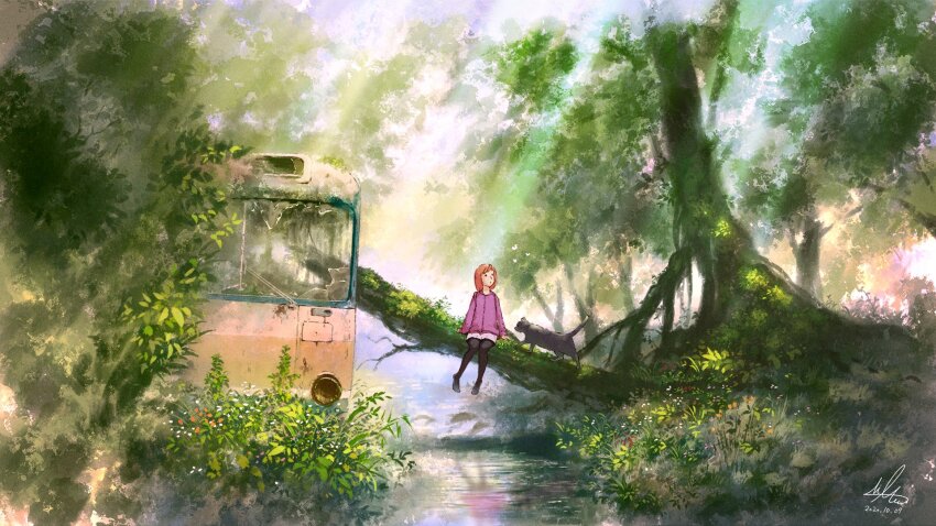 1girl abandoned animal broken_glass broken_window bus bush cat fallen_tree flower forest glass grass highres home_nobi motor_vehicle nature no_humans orange_flower original red_flower reflection reflective_water solo sunlight tree water white_flower