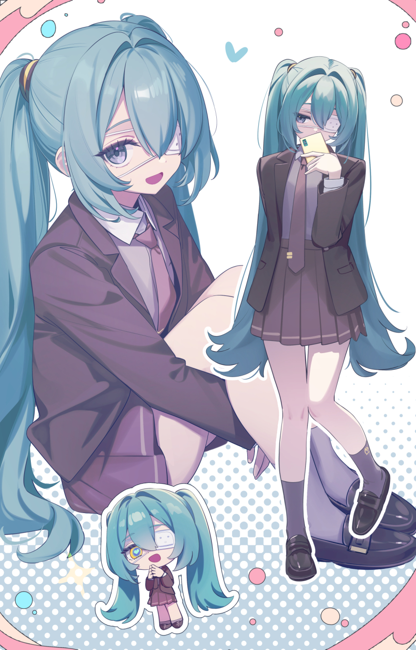 1girl black_jacket black_shoes black_skirt blazer blue_eyes blue_hair brown_necktie cellphone chibi deadnooodles eyepatch foot_up full_body grey_shirt grey_socks hair_intakes hatsune_miku heart heart_in_eye highres holding holding_phone jacket long_hair medical_eyepatch monitoring_(vocaloid) multiple_views necktie one_eye_covered open_mouth outline phone pleated_skirt shirt shoes sitting skirt smartphone smile socks symbol_in_eye twintails very_long_hair vocaloid white_outline yellow_eyes