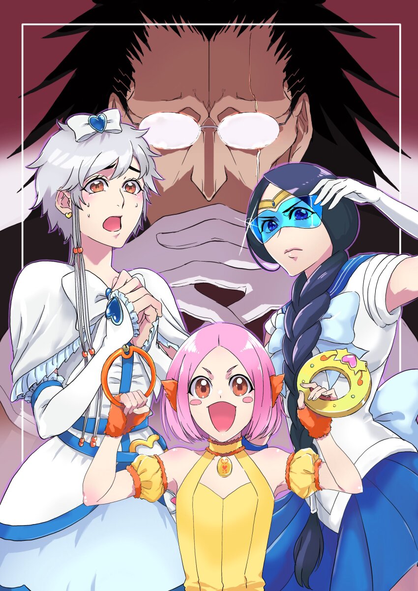 1boy 3girls absurdres anno_im black_hair bleach child cosplay costume elbow_gloves fong_pudding glasses gloves grey_hair highres kotetsu_isane kusajishi_yachiru long_hair medium_hair mew_pudding mizuno_ami_(cosplay) multiple_girls open_mouth pink_hair sailor_moon short_hair sidelocks skirt unohana_retsu zaraki_kenpachi