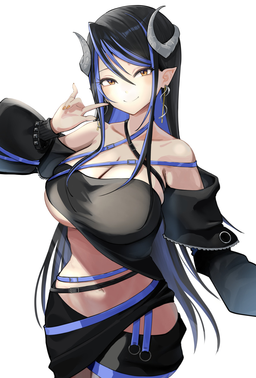 1girl \m/ absurdres bandeau belt black_bandeau black_belt black_hair black_jacket black_skirt blue_belt blue_hair blush breasts brown_eyes chest_belt cleavage closed_mouth collarbone commentary_request cowboy_shot curled_horns demon_girl demon_horns earrings fingernails grey_horns hair_between_eyes hand_up hebiyoi_tier hebiyoi_tier_(1st_costume) highres hip_vent horns jacket jewelry large_breasts long_bangs long_hair long_sleeves looking_at_viewer multicolored_hair nanashi_inc. navel off_shoulder open_clothes open_jacket pointy_ears sankyo_(821-scoville) sidelocks simple_background skirt smile solo transparent_background two-tone_hair very_long_hair virtual_youtuber