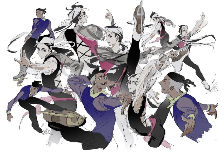 2boys alternate_costume black_hair black_pants blue_shirt dark-skinned_male dark_skin eyeshadow highres ice_skates ice_skating long_hair long_sleeves makeup male_focus molymes multicolored_hair multiple_boys multiple_views nintendo outstretched_arms pants parted_lips piers_(pokemon) pokemon pokemon_swsh raihan_(pokemon) see-through_clothes see-through_sleeves shirt short_hair skates skating standing two-tone_hair undercut white_background white_hair