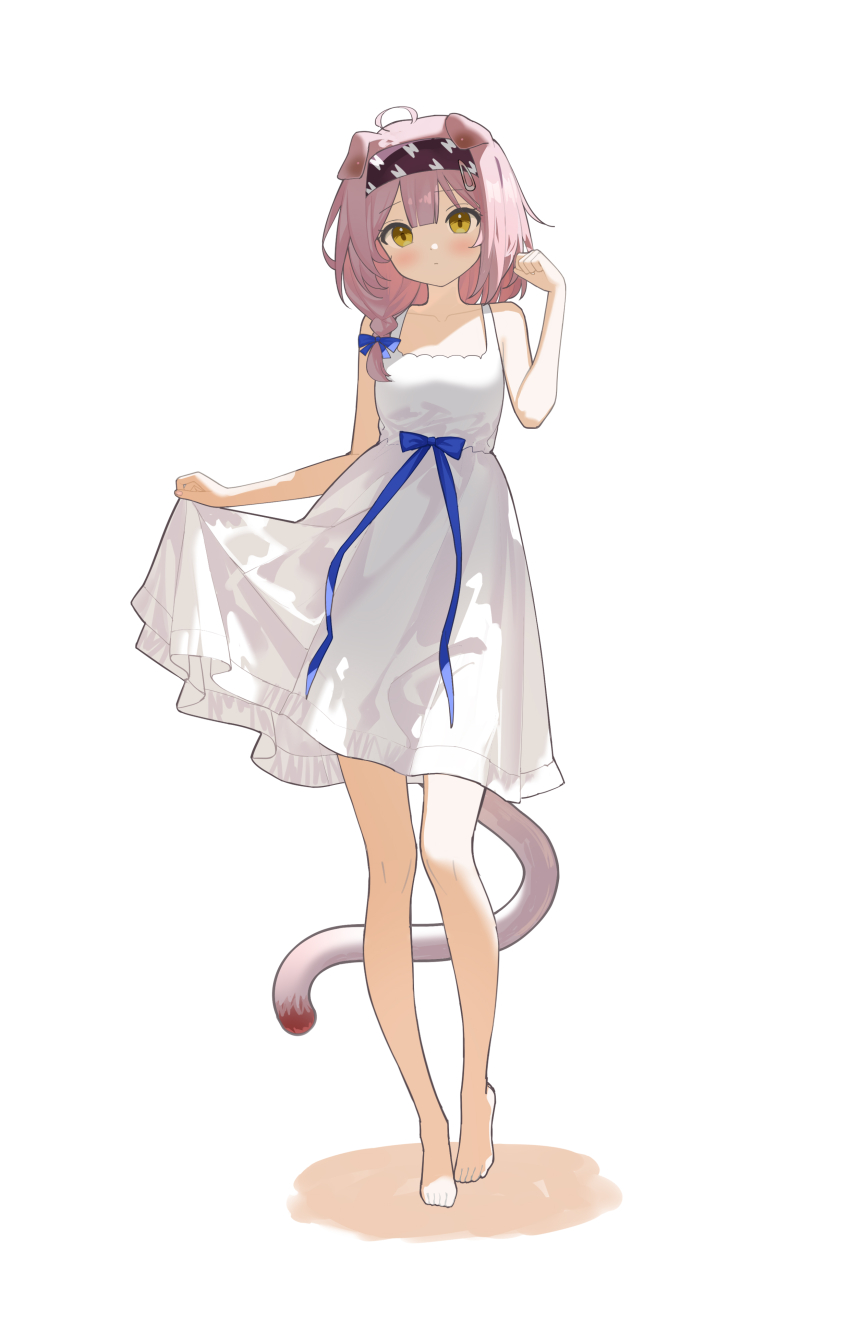 1girl absurdres ahoge alternate_costume animal_ears arknights bare_arms bare_legs bare_shoulders barefoot black_hairband blue_bow blush bow braid breasts cat_ears cat_girl cat_tail closed_mouth collarbone dress full_body goldenglow_(arknights) hair_bow hair_over_shoulder hairband hand_up highres lightning_bolt_print long_hair looking_at_viewer nagisa_(cxcx5235) pink_hair simple_background single_braid skirt_hold sleeveless sleeveless_dress solo standing sundress tail white_background white_dress yellow_eyes