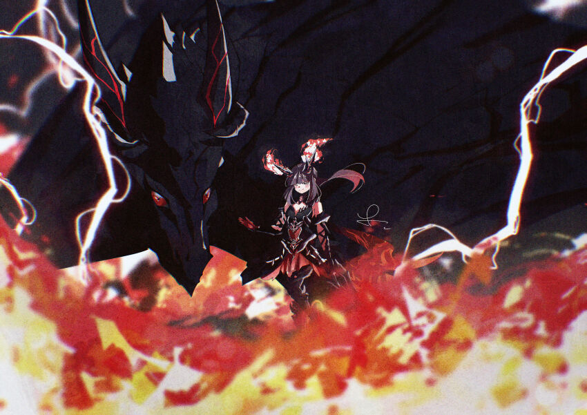 1girl absurdres black_hair braid brown_hair dragon elbow_gloves fiery_horns gloves gradient_hair highres horns lightning mechanical_legs multicolored_hair nanami_(pgr) one_eye_closed ponytail punishing:_gray_raven puyuyan red_hair roller_skates sidelocks skates solo