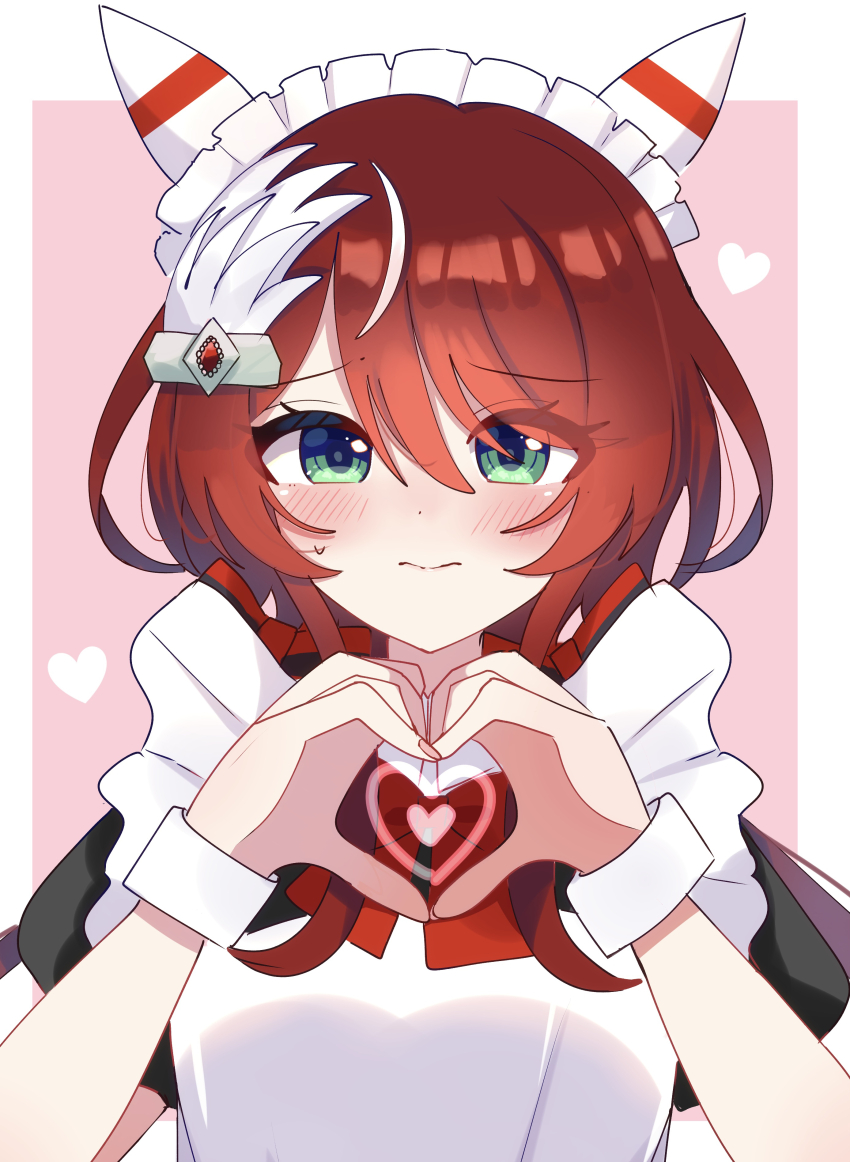 absurdres alternate_costume breasts closed_mouth commentary commentary_request green_eyes hair_ornament heart heart_hands highres horse_girl looking_at_viewer low_twintails maid maid_headdress moe_moe_kyun! portrait red_hair ribbon shiroiro_obake small_breasts sweat symbol-only_commentary twintails umamusume win_variation_(umamusume)