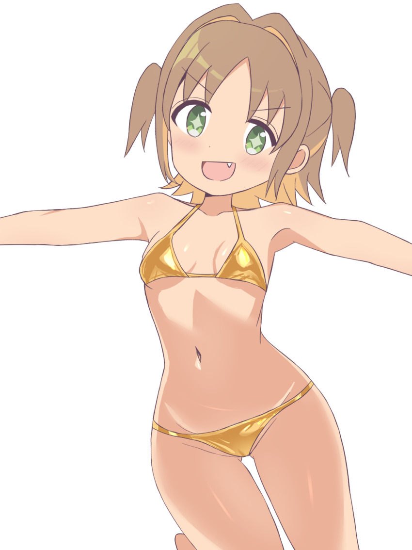 1girl armpits bikini breasts brown_hair colored_inner_hair commentary_request diamond-shaped_pupils diamond_(shape) fang gluteal_fold gold_bikini green_eyes groin hair_intakes highres low_twintails micro_bikini multicolored_hair navel oka_asahi onii-chan_wa_oshimai! shirosakiyomogi simple_background small_breasts stomach swimsuit symbol-shaped_pupils transparent_background twintails two-tone_hair two_side_up
