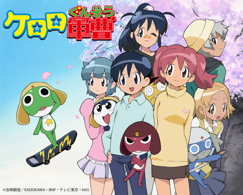 4girls 6+boys angol_mois belt black_eyes black_hair blonde_hair blue_eyes cardigan cherry_blossoms copyright_name dororo_(keroro_gunsou) dress frog giroro glasses grey_hair hat hinata_aki hinata_fuyuki hinata_natsumi hood hoodie houjou_mutsumi keroro keroro_gunsou kururu_(keroro_gunsou) looking_at_viewer mask mature_female multiple_boys multiple_girls nishizawa_momoka official_art official_wallpaper pants red_hair shirt short_hair skirt star_(symbol) sweater tamama twintails