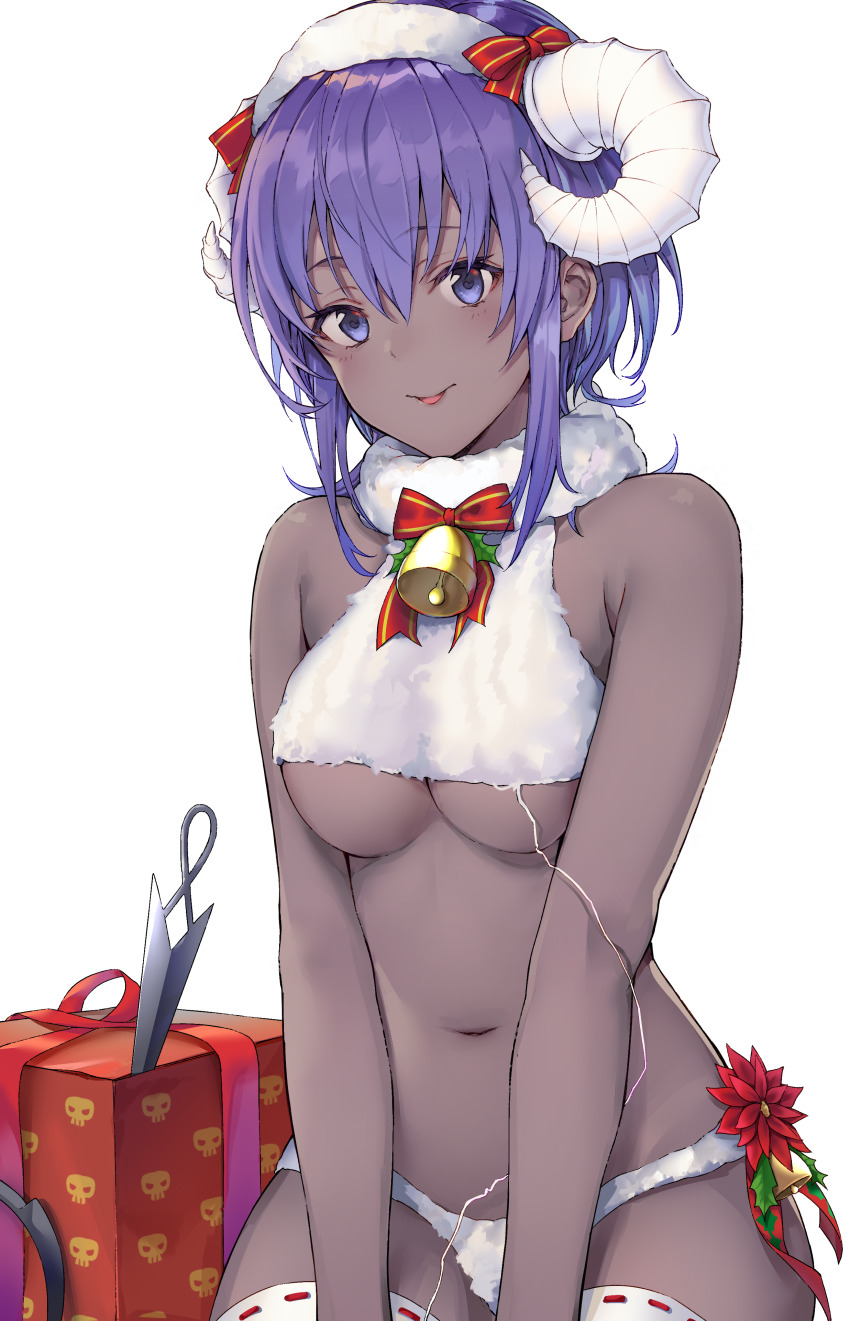1girl absurdres bare_arms bare_shoulders bell black_cola bow box breasts christmas closed_mouth curled_horns dark-skinned_female dark_skin fate/prototype fate/prototype:_fragments_of_blue_and_silver fate_(series) female_focus flower fur_collar gift gift_box hair_between_eyes hassan_of_serenity_(fate) hassan_of_serenity_(merry_sheep)_(fate) highres horns kunai medium_breasts navel purple_eyes purple_hair red_bow red_flower ribbon-trimmed_legwear ribbon_trim sheep_horns simple_background skull_print solo striped_bow thighhighs tongue tongue_out underboob weapon white_background white_thighhighs wool