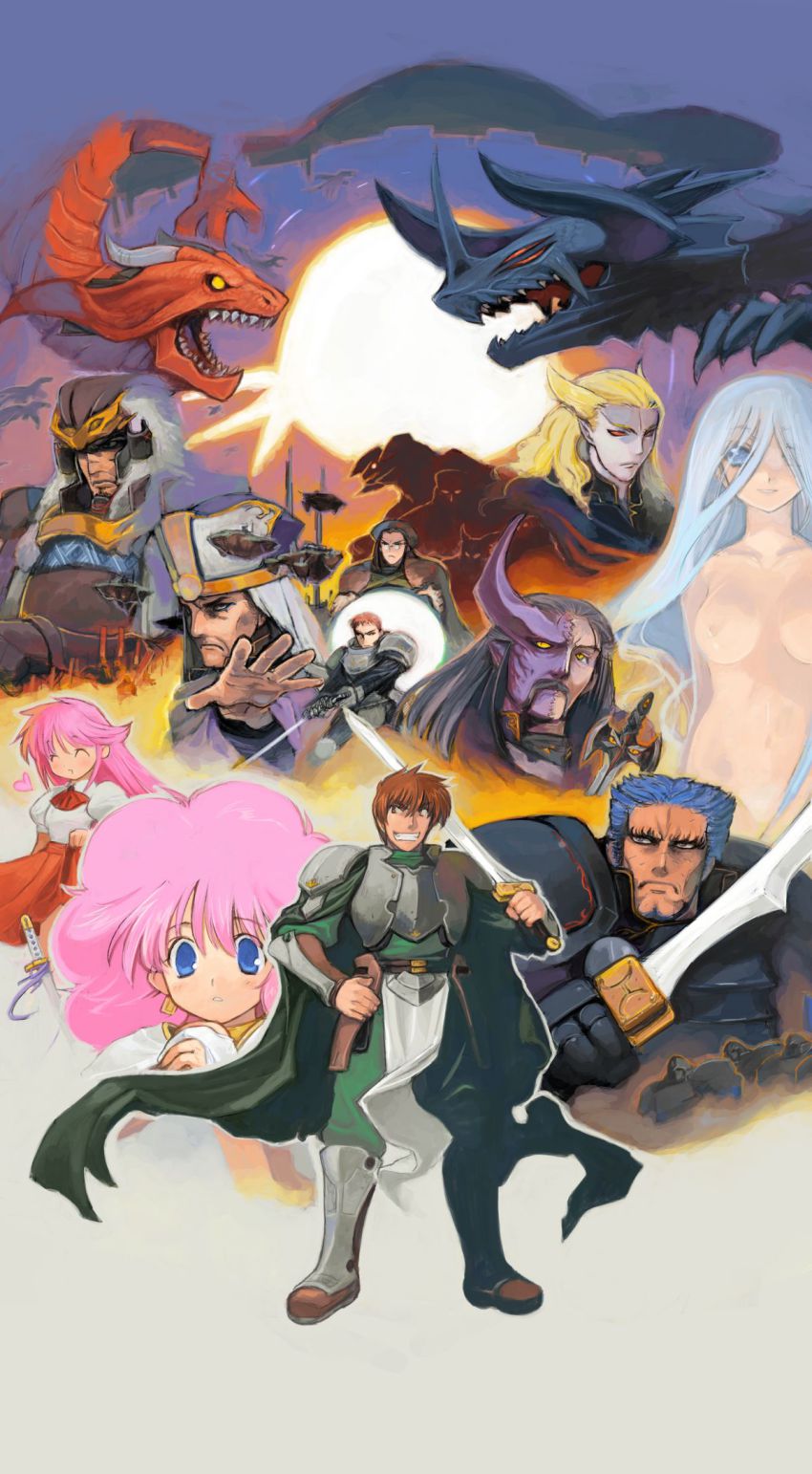 4girls 6+boys armor boots breasts british_(rance) cape chaos_(weapon) dougi fujiwara_ishimaru gele gi_(rance) glasses headdress helmet highres ho_laga japanese_armor jill_(rance_series) kurusu_miki ludo-rathowm ludo_rathowm m.m._rune magiihoa multiple_boys multiple_girls navel nighcisa nikkou_(weapon) nipples non-web_source rance rance_(series) rance_vi sill_plain sword weapon zanageth_helman