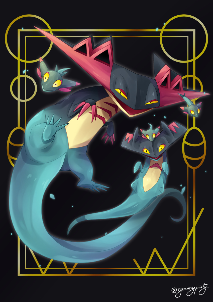 absurdres black_background commentary_request dragapult drakloak dreepy gen_8_pokemon goom_(goomyparty) half-closed_eyes highres looking_at_viewer nintendo no_humans open_mouth pokemon pokemon_(creature) twitter_username yellow_eyes