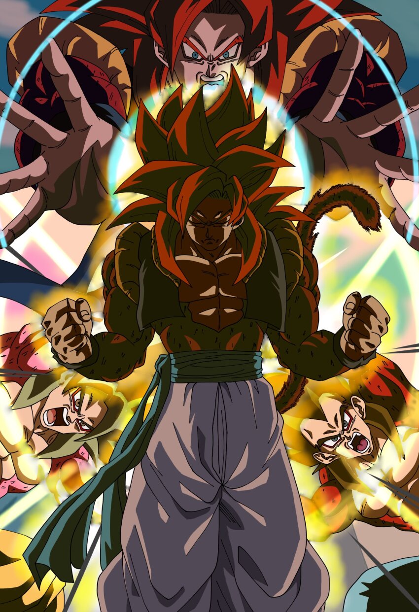 abs big_bang_kamehameha black_hair blue_eyes blue_sash body_fur dougi dragon_ball dragon_ball_gt fusion_dance gogeta highres incoming_attack kamehameha_(dragon_ball) long_hair looking_at_viewer male_focus metamoran_vest monkey_boy monkey_tail multiple_boys muscular muscular_male no_nipples pants pectorals powering_up red_fur red_hair saiyan sash son_goku spiked_hair super_saiyan super_saiyan_4 tail taso_art_1123 vegeta white_pants yellow_pants