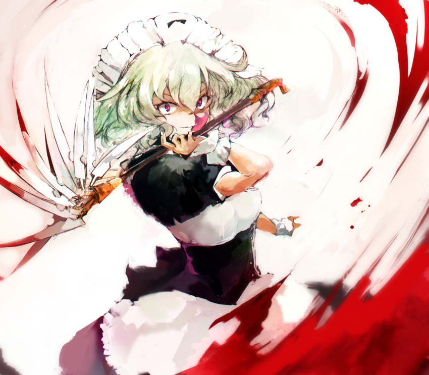 1girl blood dress green_hair holding holding_weapon looking_at_viewer maid maid_headdress mouri_teru purple_eyes rance_(series) short_hair smile solo staring tsutsugano weapon wide-eyed