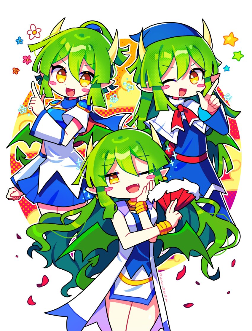 1girl absurdres arle_nadja arle_nadja_(cosplay) blush bracelet brown_eyes cosplay draco_centauros fang green_hair highres index_finger_raised jewelry long_hair long_sleeves offbeat one_eye_closed open_mouth pointy_ears ponytail puyopuyo rulue_(puyopuyo) rulue_(puyopuyo)_(cosplay) short_hair short_ponytail sleeveless smile witch_(puyopuyo) witch_(puyopuyo)_(cosplay)