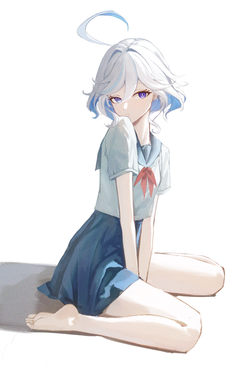 absurdres ahoge barefoot blue_hair breasts collared_shirt furina_(genshin_impact) genshin_impact haimaotuanzi highres huge_ahoge looking_at_viewer medium_hair multicolored_hair neckerchief pleated_skirt red_neckerchief sailor_collar school_uniform serafuku shirt short_sleeves sitting skirt small_breasts toes wariza white_background white_hair white_shirt