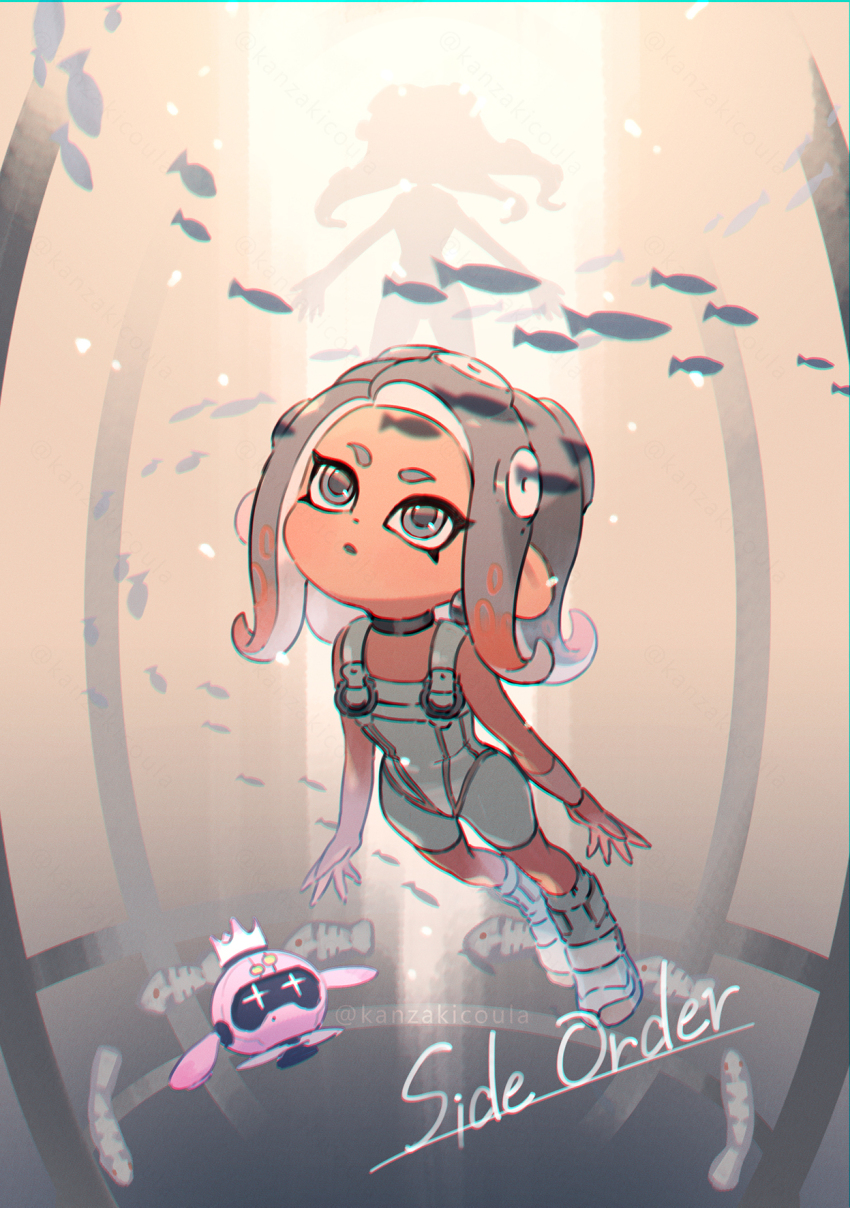 2girls :o agent_8_(side_order) agent_8_(splatoon) black_choker boots choker closed_mouth commentary_request copyright_name coula_cat cross-shaped_pupils crown dark-skinned_female dark_skin dot_mouth dot_nose english_text fish flat_chest grey_eyes grey_hair highres jelleton jumpsuit knee_boots large_ears marina_(splatoon) medium_hair multicolored_hair multiple_girls nintendo non-humanoid_robot octoling official_alternate_costume orange_hair parted_bangs pearl_(splatoon) pearl_drone_(splatoon) robot shadow short_jumpsuit sidelocks silhouette solo_focus splatoon_(series) splatoon_3 splatoon_3:_side_order suction_cups swimming symbol-shaped_pupils tentacle_hair thick_eyebrows thick_eyelashes thighs twitter_username two-tone_hair underwater white_boots white_crown white_jumpsuit wide_hips wristband