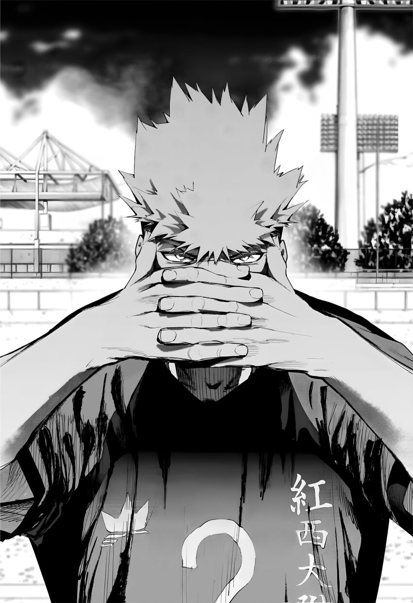 1boy absurdres black_shirt blonde_hair embers_(manga) greyscale haitani_noboru hands_up highres long_hair looking_at_viewer manga_page monochrome shirt soccer_uniform solo sportswear
