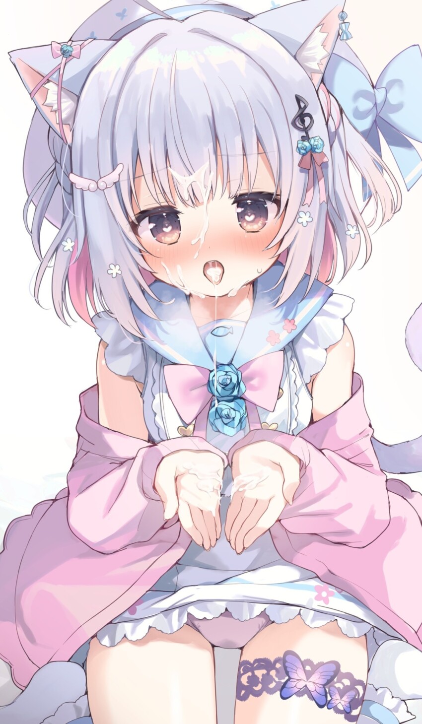 1girl absurdres blue_bow blue_sailor_collar blush bow breasts butterfly_ornament clothes_lift commission cum cum_on_body dress dress_lift facial frilled_dress frills hair_ornament hairclip heart heart-shaped_pupils highres jacket katagiri_aki long_hair looking_at_viewer medium_breasts off_shoulder open_mouth original panties pink_jacket pink_panties purple_eyes purple_hair sailor_collar simple_background sitting skeb_commission solo symbol-shaped_pupils takepoison thigh_strap tongue tongue_out underwear wariza wet wet_clothes wet_panties white_background white_dress