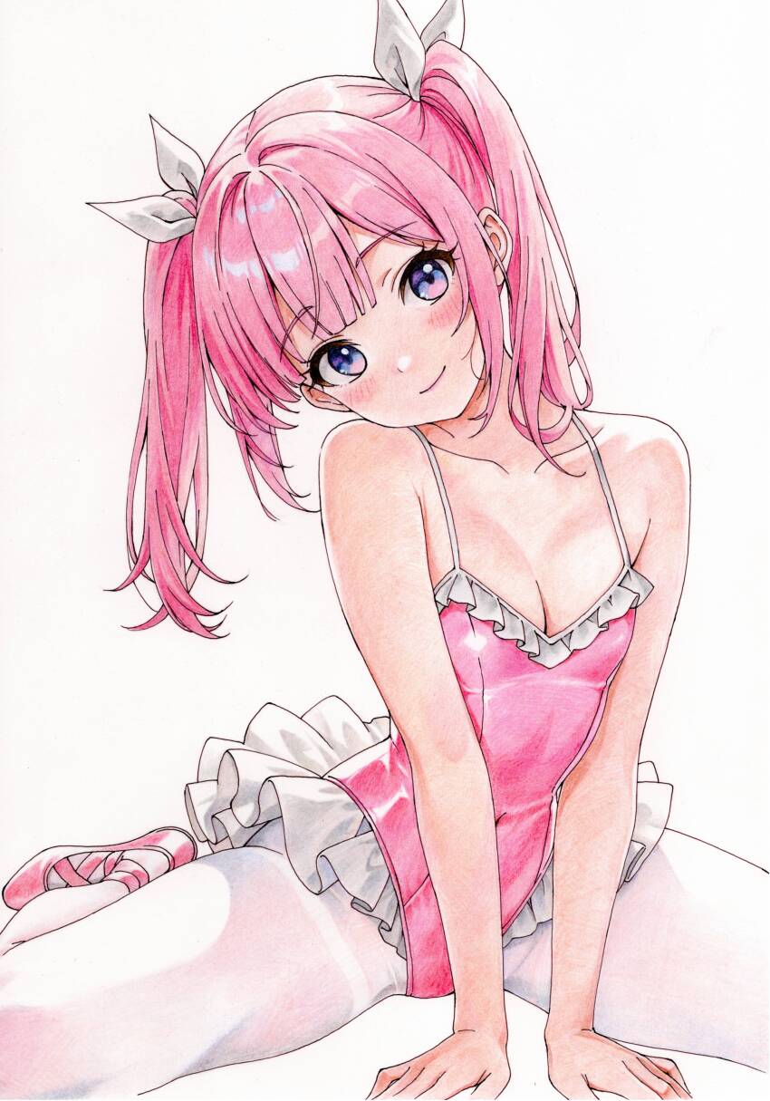1girl absurdres ballerina breasts cleavage highres leotard panties pink_hair pink_leotard twintails underwear white_panties