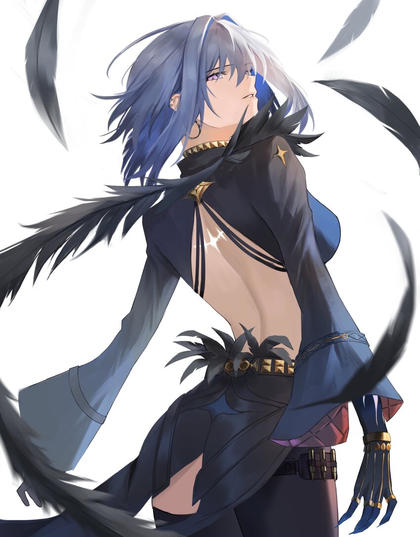 1girl absurdres asymmetrical_clothes black_feathers black_pants black_shrug blue_hair blue_nails breasts commentary cowboy_shot ear_piercing earrings feathers from_behind galbrena_(wuthering_waves) gradient_hair grey_hair hair_intakes highres hoop_earrings jewelry large_breasts looking_at_viewer looking_back median_furrow multicolored_hair pants parted_lips piercing purple_eyes short_hair shrug_(clothing) sidelocks simple_background single_pantsleg solo tacet_mark_(wuthering_waves) very_long_fingernails white_background wuthering_waves zeraddart
