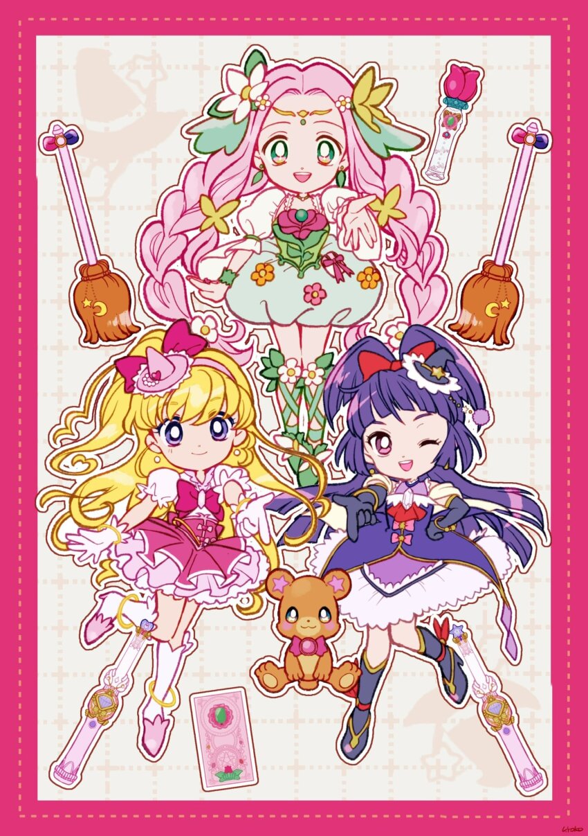 3girls ankle_bow ankle_ribbon anklet asahina_mirai ascot back_bow bag_bow bare_shoulders black_gloves black_hat black_shoes black_socks blonde_hair blunt_bangs blunt_ends border bow bow_button bowtie bracelet braid bright_pupils brooch broom bubble_skirt butterfly_hair_ornament choker circlet closed_mouth collared_shirt cure_felice cure_magical cure_miracle deformed dot_nose dotted_line dress earrings elbow_gloves eyelashes floating_clothes floating_hair floral_print flower flower_brooch flower_wand footwear_bow frilled_dress frilled_headwear frilled_skirt frilled_sleeves frills full_body gloves gold_bracelet green_bow green_brooch green_choker green_eyes green_ribbon green_shirt green_shoes green_skirt green_wrist_cuffs grey_background grid_background hair_bow hair_flower hair_ornament hairband hanami_kotoha hand_on_own_hip happy hat hat_ornament heart heart_hat_ornament heart_wand high-waist_skirt high_heels high_ponytail highres izayoi_liko jewelry kneehighs layered_dress leaf_earrings leg_ribbon leg_up long_hair looking_at_viewer low_twin_braids magical_girl mahou_girls_precure! medium_dress mini_hat mini_witch_hat miniskirt mofurun_(mahou_girls_precure!) multiple_girls offering_hand one_eye_closed one_side_up open_mouth outline outstretched_hand palms pink_bag pink_border pink_bow pink_bowtie pink_brooch pink_flower pink_hair pink_hairband pink_hat pink_shoes pink_skirt pleated_skirt pointing ponytail precure puffy_short_sleeves puffy_sleeves purple_dress purple_eyes purple_hair red_ascot red_bow ribbon shawl shirt shoes short_ponytail short_sleeves signature skirt sleeveless sleeveless_dress smile socks sphere_earrings split_ponytail standing star_(symbol) star_earrings star_hat_ornament star_wand stiletto_heels stuffed_animal stuffed_toy swept_bangs tareme teddy_bear teeth tulip twin_braids two-tone_bag upper_teeth_only uwded_207 very_long_hair waist_bag wavy_hair white_bag white_bow white_flower white_gloves white_outline white_pupils white_shawl white_shirt white_sleeves white_socks witch_hat wrist_cuffs