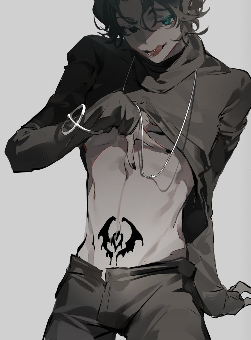 1boy arm_support black_eyes black_hair black_nails black_pants black_shirt blue_eyes bracelet cable clothes_lift cowboy_shot glowing glowing_eye grey_background hair_between_eyes hand_on_own_chest hand_up heterochromia highres jewelry kagerou_(kamen_rider_revice) kamen_rider kamen_rider_revice licking_lips lifting_own_clothes long_sleeves looking_at_viewer male_focus nail_polish open_fly open_mouth pants shirt shirt_lift short_hair shuimian_touzhi simple_background sleeves_past_wrists smirk solo stomach_tattoo tattoo toned toned_male tongue tongue_out turtleneck