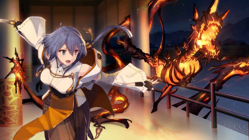 1girl :d aratama_(toji_no_miko) blue_eyes blue_hair breasts brown_skirt dress game_cg hair_between_eyes holding holding_sword holding_weapon katana large_breasts long_hair long_sleeves night official_alternate_costume official_art open_mouth railing setouchi_chie skirt smile solo sword toji_no_miko toji_no_miko:_kizamishi_issen_no_tomoshibi v-shaped_eyebrows weapon white_dress wrist_guards