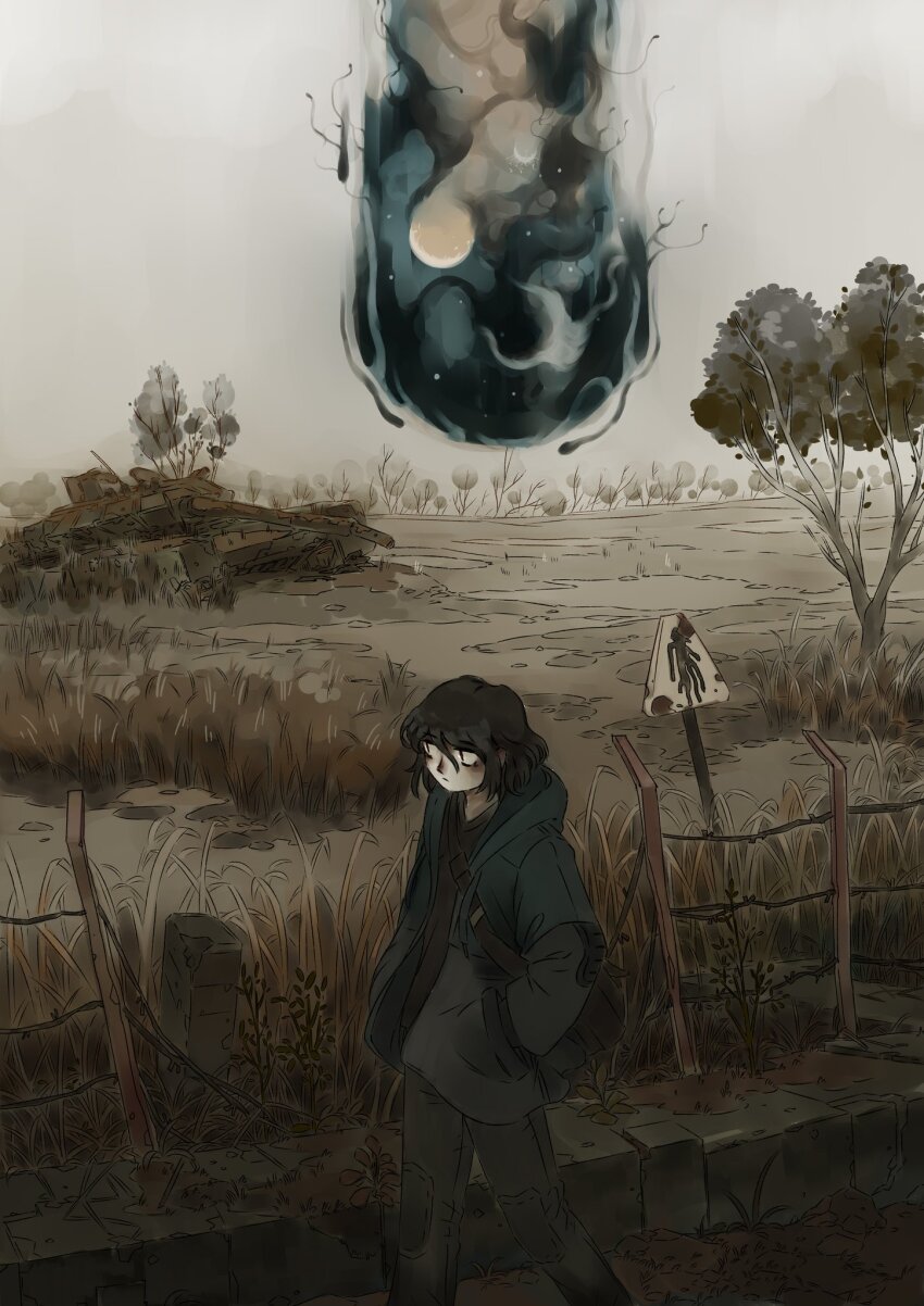 1girl :/ backpack bag barbed_wire black_pants black_shirt blue_jacket closed_mouth ephe99261012 falling feet_out_of_frame fence grey_sky hands_in_pockets highres hood hooded_jacket jacket looking_to_the_side medium_hair meteor military_vehicle motor_vehicle muted_color open_clothes open_jacket original painterly pants scenery shirt sign sky solo tank tree vehicle_request walking warning_sign wide_shot wreckage