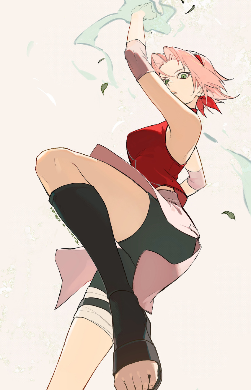 1girl arm_up armpits bandaged_leg bandages bike_shorts black_shorts boots breasts feet green_eyes hairband haruno_sakura highres knee_boots looking_at_viewer medium_breasts naruto_(series) overskirt pink_hair red_hairband red_shirt ru_(famia) sandals shirt short_hair short_shorts shorts simple_background skirt sleeveless sleeveless_shirt solo toes white_background