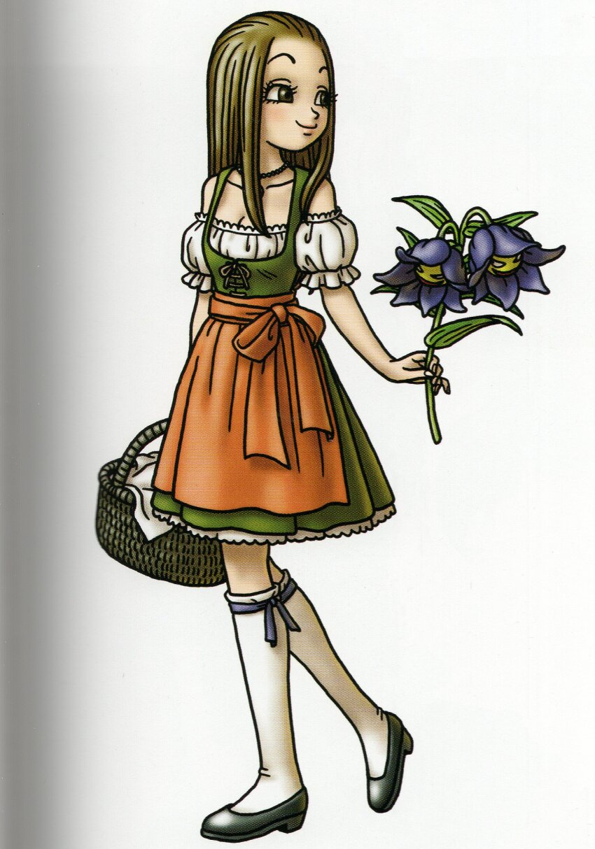 1girl absurdres apron bare_shoulders basket bow breasts brown_hair cleavage dirndl dragon_quest dragon_quest_x dress flats flower full_body german_clothes hair_slicked_back highres holding holding_basket holding_flower jewelry kneehighs liryol_(dq10) long_hair looking_back looking_to_the_side necklace off_shoulder official_art orange_apron orange_bow scan small_breasts smile socks solo third-party_source toriyama_akira waist_apron white_background white_socks