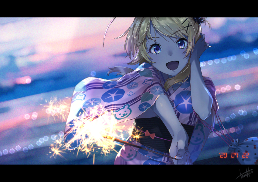 1girl animal_print bear_print black_bow blonde_hair blue_eyes blurry blurry_background blush bow breasts cowboy_shot dated fireworks floral_print hachimiya_meguru hair_ornament hairclip hand_on_own_face hands_up highres holding holding_fireworks idolmaster idolmaster_shiny_colors japanese_clothes kimono kinchaku large_breasts letterboxed long_hair long_sleeves looking_at_viewer low_twintails morning_glory_print obi obijime open_mouth outdoors pink_kimono pouch print_kimono sash signature smile solo standing torokko twintails wide_sleeves yukata