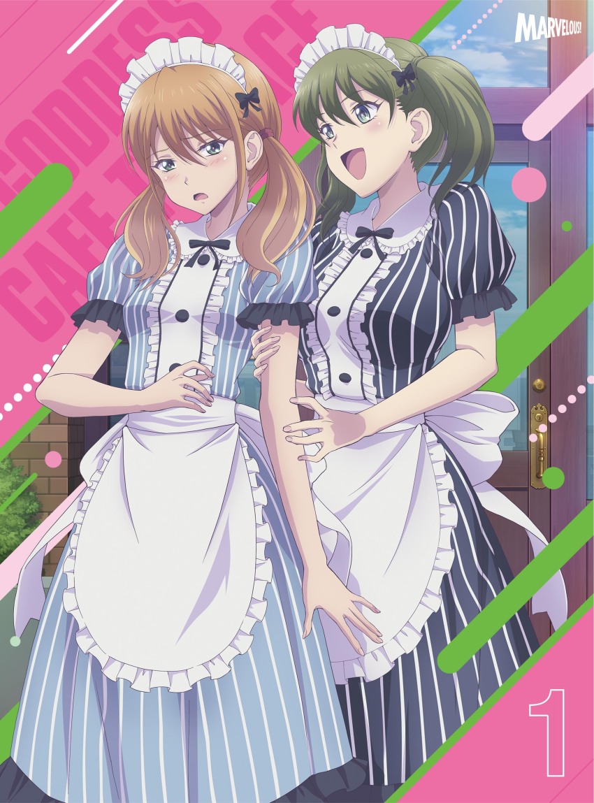 2girls :d absurdres anime_coloring apron aqua_dress back_ribbon black_ribbon blu-ray_cover blush breasts brown_hair center_frills chiyoda_ririka cloud copyright_name cover door dress familia_uniform frilled_apron frilled_dress frilled_shirt_collar frilled_sleeves frills green_dress green_eyes green_hair hair_between_eyes hair_ribbon hair_tie hand_on_another&#039;s_arm highres large_breasts looking_ahead looking_at_another maid maid_headdress marvelous medium_dress megami_no_cafe_terrace multiple_girls neck_ribbon noguchi_masatsune numbered official_art open_mouth puffy_short_sleeves puffy_sleeves ribbon rounded_collar second-party_source short_sleeves sky small_breasts smile standing striped_clothes striped_dress tsukishima_riho twintails vertical-striped_clothes vertical-striped_dress waist_apron wavy_eyebrows white_apron white_headdress white_ribbon window