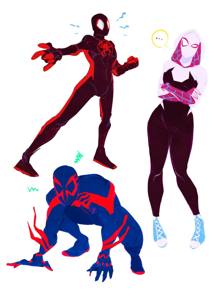 ... 1girl 2boys animal_print black_bodysuit blue_bodysuit blue_footwear bodysuit clenched_hand commentary crossed_arms english_commentary full_body hands_up highres hood hooded_bodysuit lightning_bolt_symbol marvel multicolored_bodysuit multiple_boys muscular muscular_male purple_bodysuit red_bodysuit rorokonaa shoes simple_background sneakers spider-gwen spider-man:_across_the_spider-verse spider-man_(2099) spider-man_(miles_morales) spider-man_(series) spider-verse spider_print spider_web_print spoken_ellipsis squiggle standing superhero_costume white_background white_bodysuit
