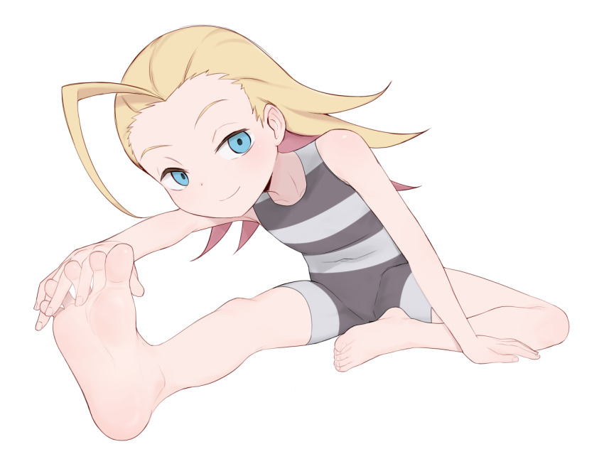 1girl barefoot between_toes blonde_hair blue_eyes closed_mouth do_it_yourself!! feet flat_chest foot_focus hand_on_own_foot juliet_queen_elizabeth_viii long_hair looking_at_viewer pestil simple_background smile soles solo spread_toes stretching toes white_background