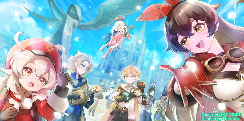 4boys 5girls aether_(genshin_impact) albedo_(genshin_impact) amber_(genshin_impact) animal_ears animal_hat aqua_eyes black_gloves black_pants black_shirt blonde_hair blue_scarf blush breasts brown_eyes brown_gloves brown_hair collei_(genshin_impact) crop_top cyno_(genshin_impact) dress drum fox_ears genshin_impact gloves goggles guitar hair_between_eyes hair_ribbon halo hat highres holding holding_guitar holding_instrument instrument klee_(genshin_impact) long_hair long_sleeves looking_at_viewer low_twintails medium_breasts midriff multiple_boys multiple_girls okkobc open_mouth paimon_(genshin_impact) pants pointy_ears red_dress red_eyes red_hat red_ribbon ribbon scarf shirt smile statue sucrose_(genshin_impact) thighhighs tighnari_(genshin_impact) twintails unworn_goggles upper_body white_hair